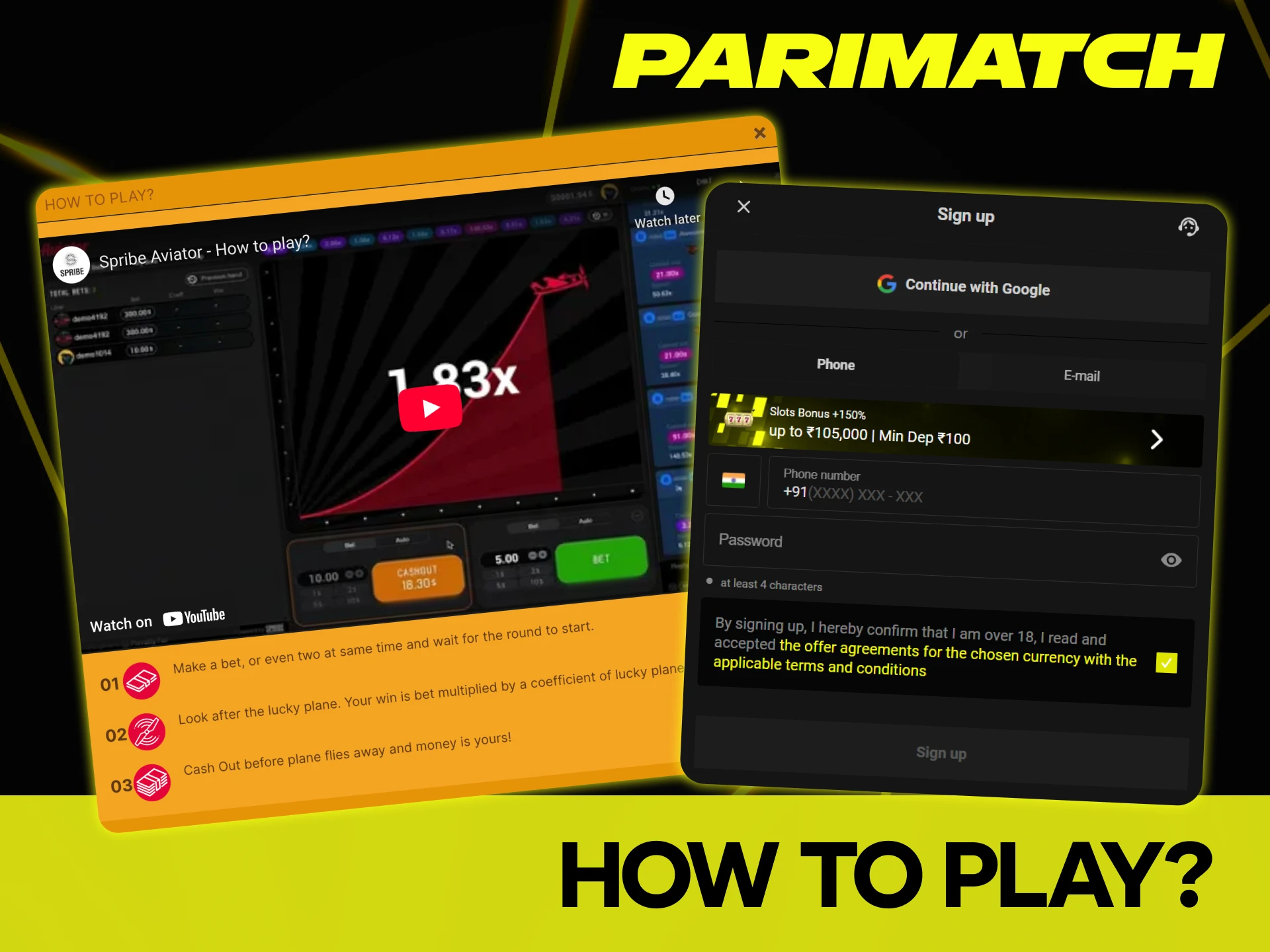 Follow the instructions to start playing Aviator at Parimatch.