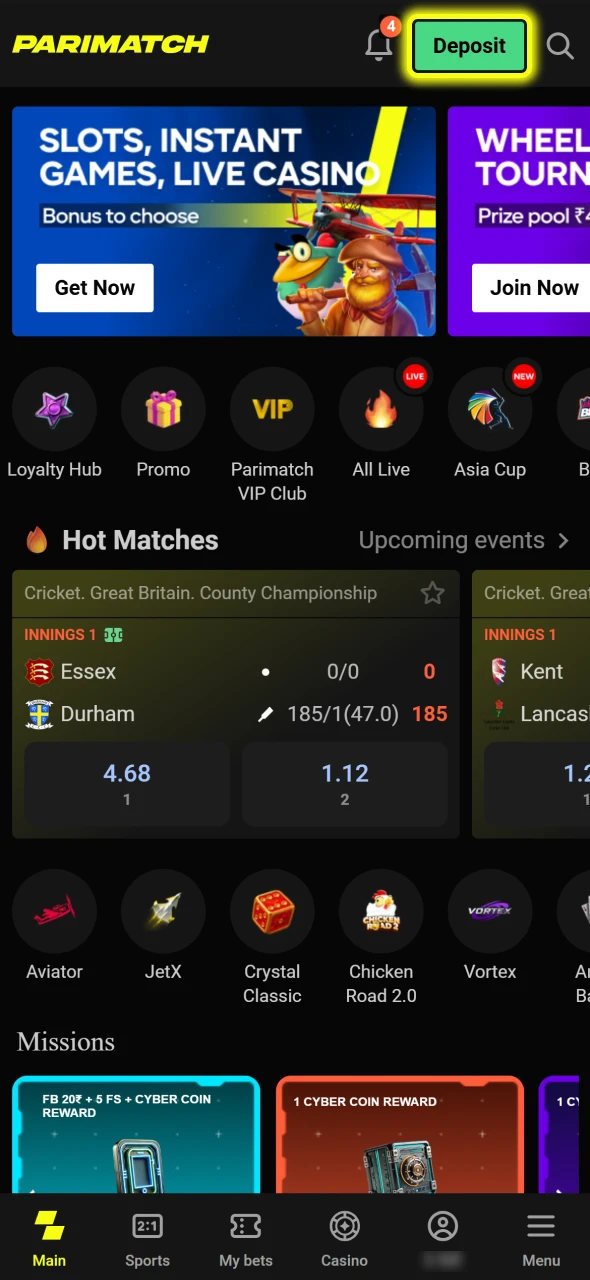 Find the green deposit button at Parimatch and click on it.