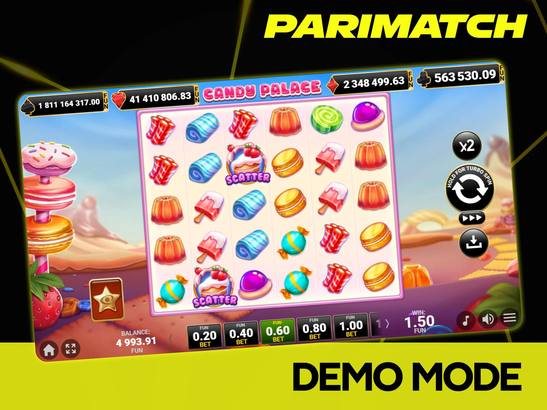 Practice risk-free by selecting the demo mode for Candy Palace at Parimatch.