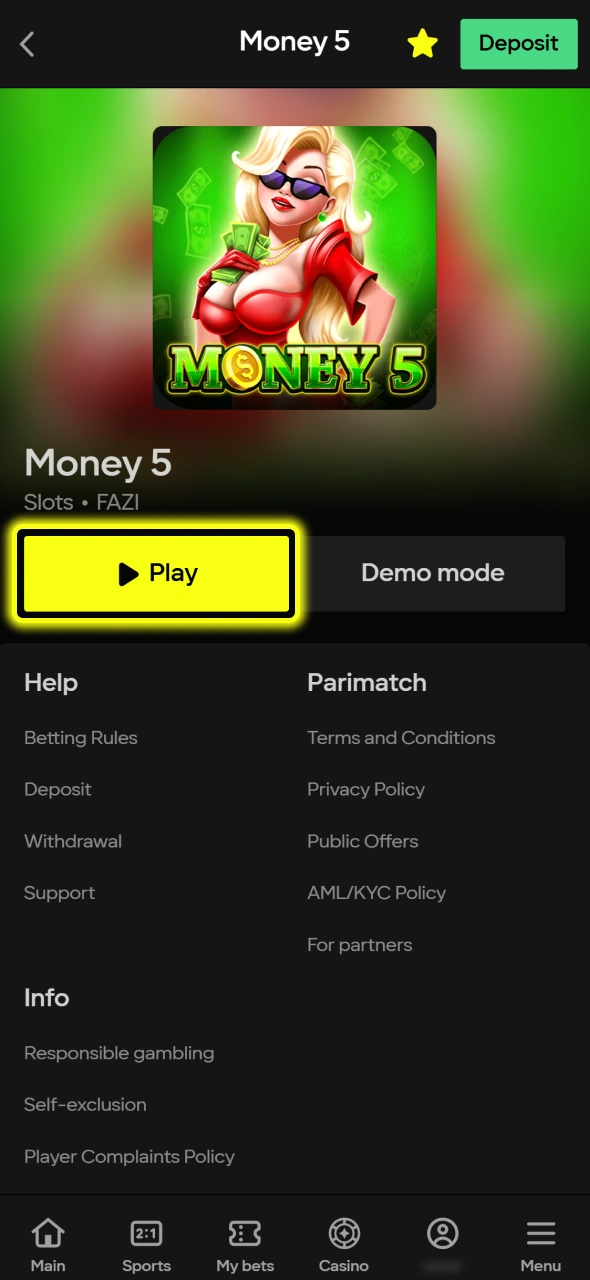 Click the Play button to launch the classic Money 5 slot game at Parimatch.