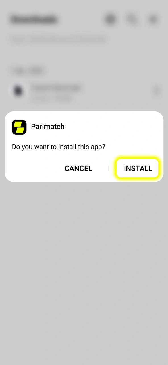 Confirm the installation by clicking Install to set up the Parimatch app on your device.