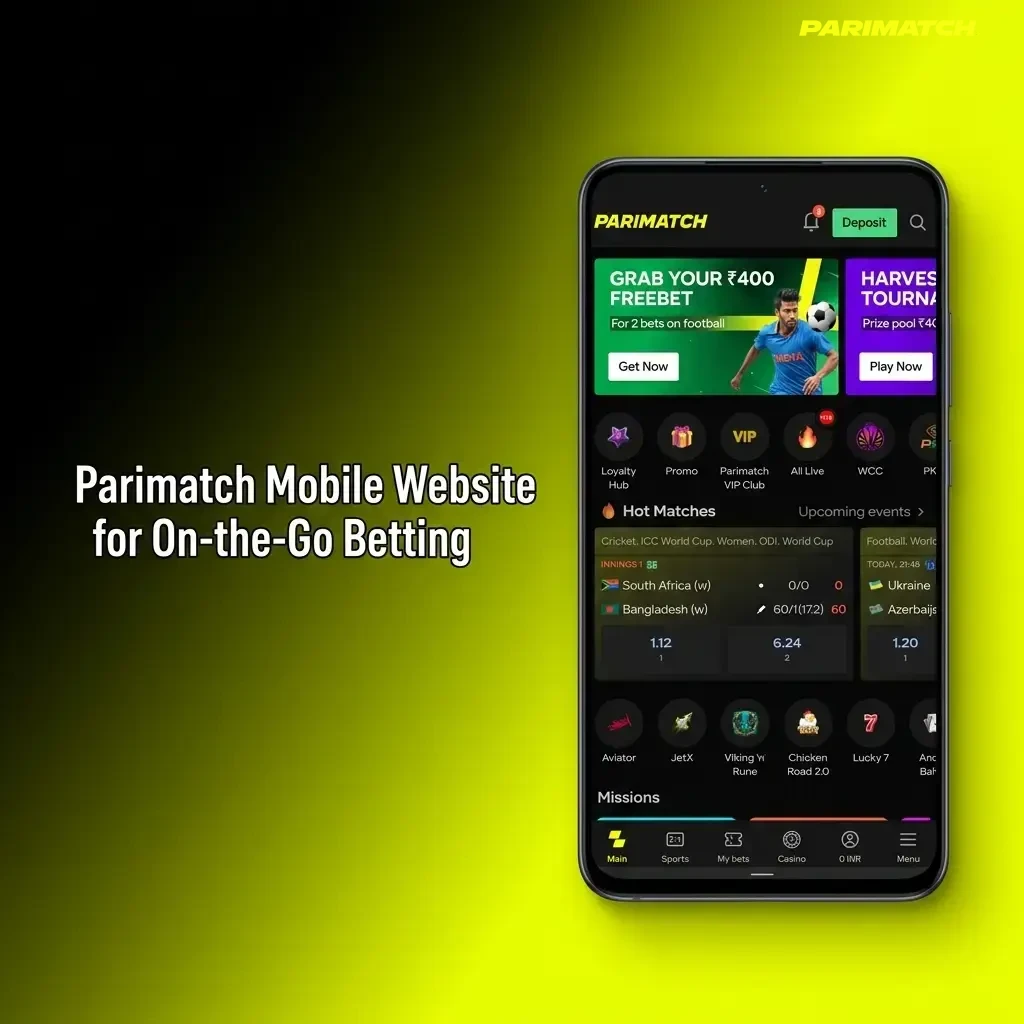 Parimatch mobile website interface showing live betting, casino games, and UPI payment options on a smartphone screen
