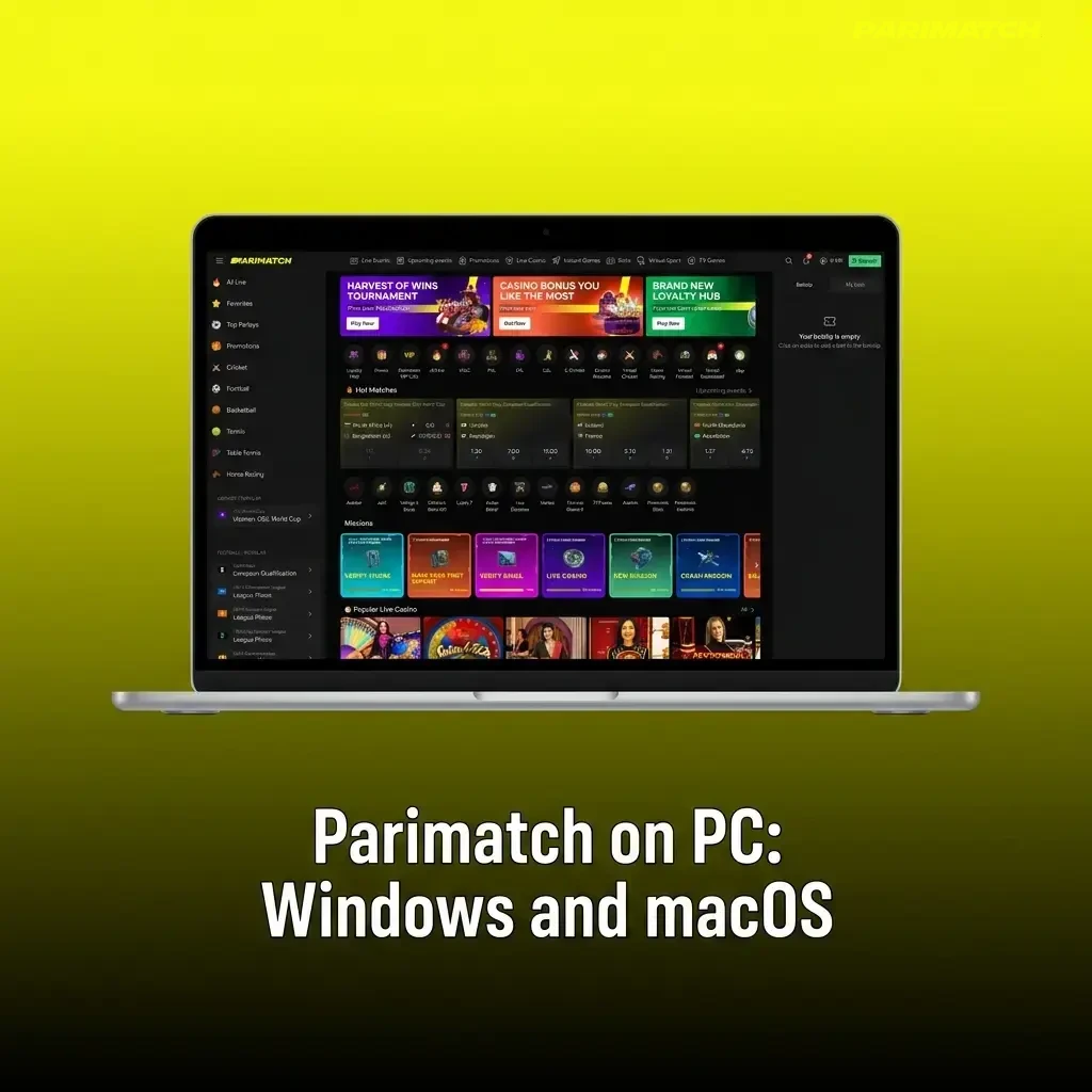 Parimatch website on PC browser showing sports betting and casino games on Windows and macOS