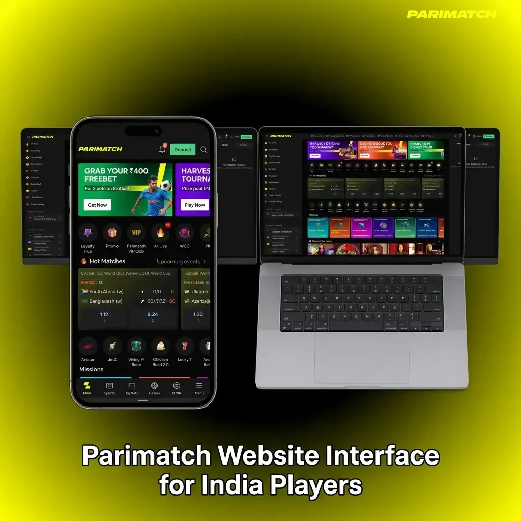 Parimatch website interface showing top navigation bar with Sports, Casino, Live, Promotions and account panel for India players